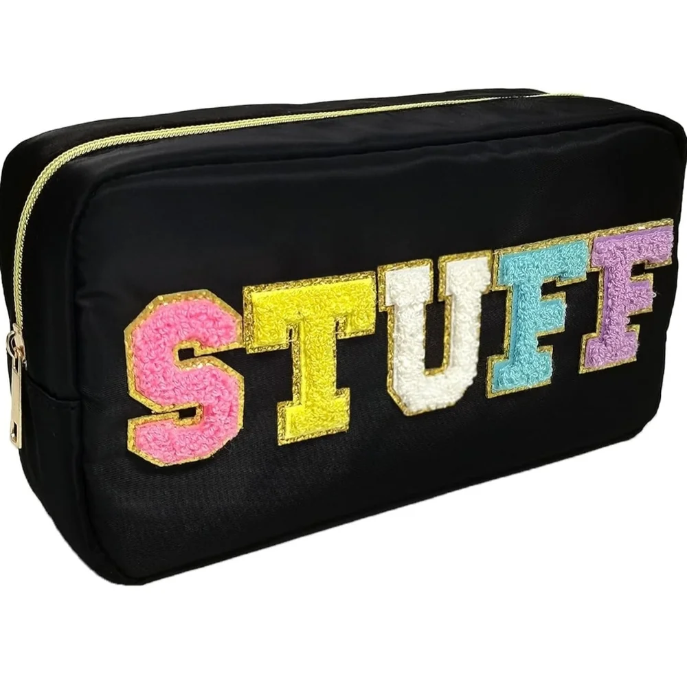 Black Cosmetic Bag with Colorful 'STUFF'‎ Design